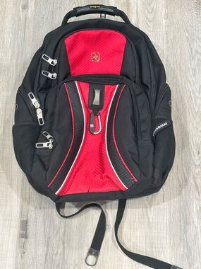 SwissGear Black and Red Travel Backpack with Multiple Compartments